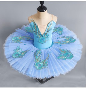 Children Girls blue tutu skirts ballet dance dress girls ballerina petals Swan Lake ballet performance clothing professional pancake sling leotard dress