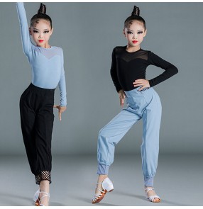 Children Girls blue with black professional Latin dance costumes modern latin dance leotard tops and long pants long-sleeved split suit training suit for girl