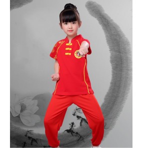 Children Girls boy red white chinese kungfu uniforms wushu martial arts performance clothing taichi cotton short-sleeved martial arts training clothes for kids
