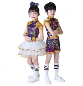 Children girls boys rainbow sequined jazz dance outfits glitter kindergarten concert rehearsal modern jazz dance singers cheerleaders model show stage performance costumes for kids