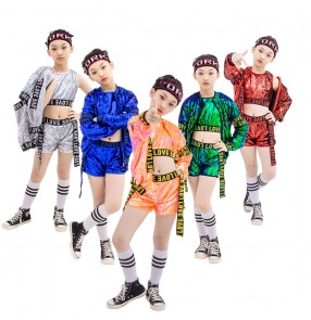 Children Girls boys silver red blue green sequin jazz dance costumes kids drums hip hop street singers rappper dance outfits kindergarten modern dance costumes