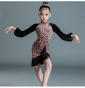 Children Girls Brown leopard velvet latin dance dresses for girl tassels ballroom salsa professional practice clothes latin dance costumes for kids