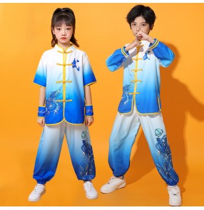 Children Girls Chinese Dragon Wushu Performance Clothing Red Yellow Blue color martial arts Kung Fu uniforms for kindergarten training performance suit for Kids