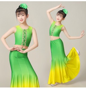 Children girls chinese folk Dai Dance Costume green purple blue gradient Peacock Dance Performance dress for kids Mermaid dance Skirt thailand peacock practice skirt