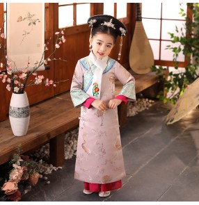 Children Girls Chinese Manchu ancient folk prinecss cosplay costume Princess Gege Qing Dynasty Flag dress photos shooting Palace Court dresses