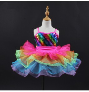 Children girls colorful Rainbow colored ballet dance dress kids tutu skirt birthday party gift dress Stage modern dance ballet princess performance outfit