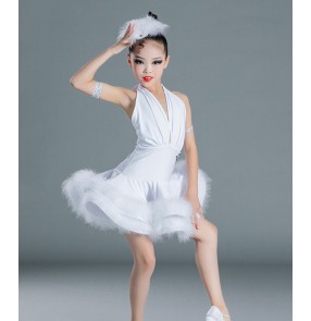 Children girls competition white feather latin dance dresses solo concert one-piece show dresses Latin professional competition dance costumes for kids