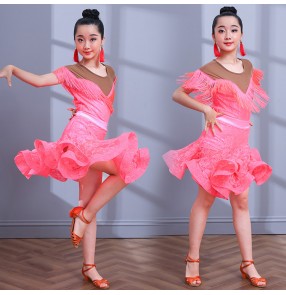 Children girls coral white colored lace latin dance dresses modern dance samba salsa chacha rumba dance skirts dresses