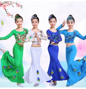 Children girls Dai Dance Costumes Peacock Dance Performance Costumes for Girls Children Mermaid long skirts belly dance costumes for kids