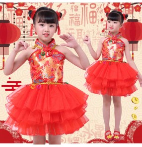 Children girls Gold dragon chinese folk dance costumes festive opening red drummer dance costumes China Yangko performance costumes lantern chorus dress