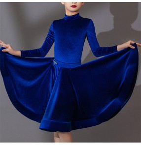 Children girls gold royal blue red black velvet competition ballroom latin dance dress long sleeves modern rumba salsa latin dance costumes