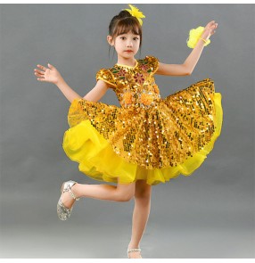 Children girls gold sequined jazz dance dresses chorus stage performance outfits ballet tutu skirt colorful princessdress kindergarten dance clothes for boy