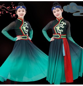 Children Girls green gradient Mongolian Dance dresses for girls kids student preschool Chinese Mongolian Minority Performance  Long Skirts for children