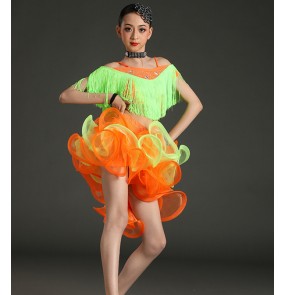 Children girls green orange purple Latin dance dresses kids split tassel latin dance costume professional stage competition clothing