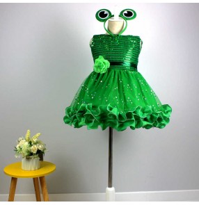 Children girls Green sequined jazz dance dress modern dance performance anime drama cartoon cosplay dresses little frog dance clothes sequins tutu skirt 