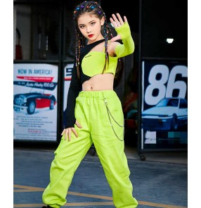 Children girls green with black jazz dance costumes hiphop street dance rapper singers performance outfits catwalk gogo dancers model show drummer trendy clothes
