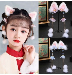 Children girls hair clip ancient Chinese Hanfu Fairy Dress hair rabbit ears New Year's hair clip accessories headdress cute flowers cat ears