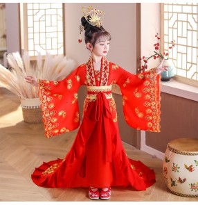 Children girls hanfu chinese tang han dynasty empress film drama cosplay dresses princess fairy stage performance Trailing phoenix costume court princess dance hanfu 