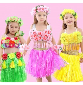 Children girls Hawaiian hula dance skirt kids green yellow pink Hawaiian children's beach hula performance clothing seaweed dance dresses