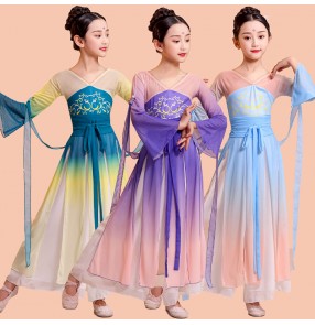 Children girls kids Chinese Hanfu classical dance costumes Chinese ribbon waterfall sleeves fairy princess dance wear Gradient color elegant ethnic dance practice clothes