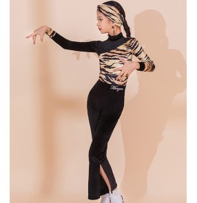 Children Girls leopard printed Latin dance clothing competition latin dance costumes for girls students modern practice dance leotard tops and pants suit