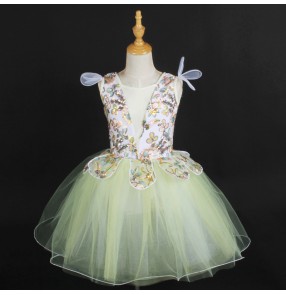 Children girls light green tutu ballet dance dresses princess flower girls tulle skirt for modern dance performance costume stage dress singer piano perform princess fairy dress for baby