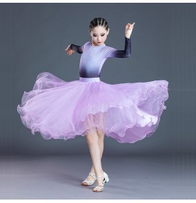 Children Girls light pink purple dark green turquoise ballroom dancing dresses gradient colored modern ballrom dance Competition Performance dress for kids