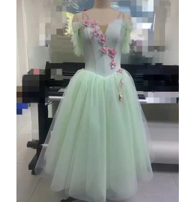 Children Girls mint with pink flowers ballet dance dress modern little Swan Lake fairy ballerina ballet performance costume long length tutu skirt for kids