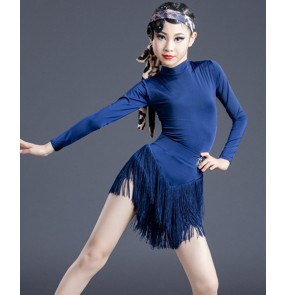 Children girls Navy blue tassels Latin dance dresses kids long-sleeved modern dance rumba chacha dance dress for kids