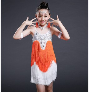 Children Girls Neon green orange purple pink blue Latin dance dresses with diamond tassel stage performance Latin competition costumes fringed chacha dresses for kids