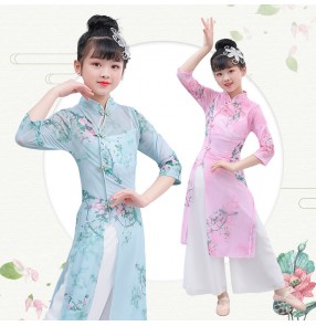 Children girls pink blue Chinese classical folk dance cheongsam fairy hanfu princess dress qipao china folk performance ethnic dance clothing