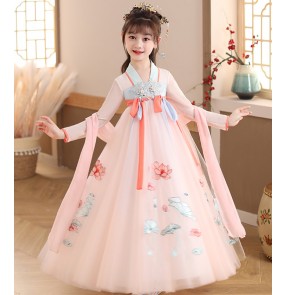 Children girls pink Hanfu Girls tang han dyansty drama film cosplay fairy princess dresses Sakura kimono dresses fairy skirt little girl dress Tang suit