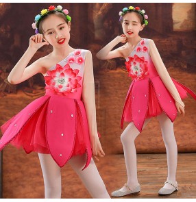 Children girls pink petals princess jazz dance stage performance petal dresses lotus flowers Opening dance outfits for kids