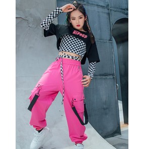 Children Girls pink white plaid hiphop street jazz dance cosutmes rap singers stage performance outfits gogo dancers show model show catwalk tide clothing for girl