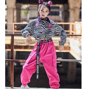 Children Girls pink with white zebra hiphop rap jazz dance costumes singers gogo dancers model show drummer long-sleeved dance clothes catwalk outfits