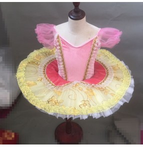 Children Girls pink with yellow velvet ballet dance dress sleeping beauty flat tuu for girls professional ballerina performance dress gauze skirt