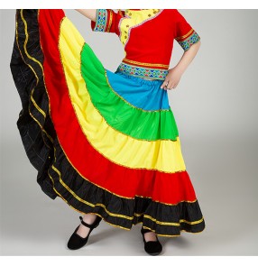 Children girls rainbow flamenco dance skirts paso double spanish bull dance skirts ethnic performance Torch Festival Li nationality colorful big swing skirt for children