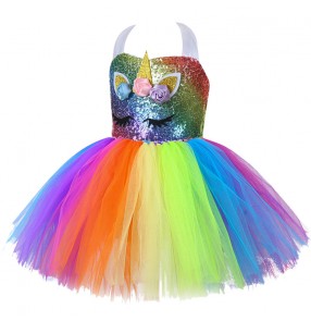 Children girls Rainbow Sequin Jazz Dance Dress Puff Skirt colorful Sequin Princess Angel Dress Dance Costume for toddlers