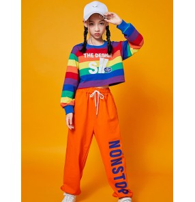 Children Girls rainbow striped cheerleading hiphop street jazz dance performance costumes rap gogo dancers dance outfits dance model show aerobics dance wear