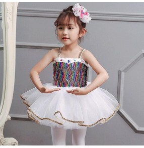 Children girls rainnbow sequins host singers chorus dress white pettiskirt princess skirt kindergarten dance chorus performance dance clothes