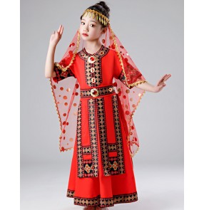 Children Girls red colored minority Xinjiang dance dresses Chinese ethnic Uyghur performance costume Kazakh performing clothing