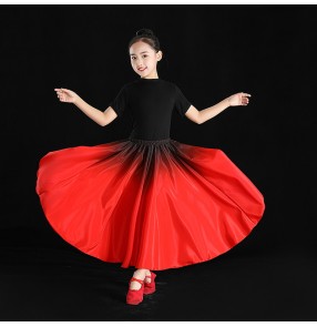 Children Girls red gradient flamenco dance dress party opening dance skirts for girl Xinjiang dance practice skirt  Chinese minority Uyghur Dance swing Skirt