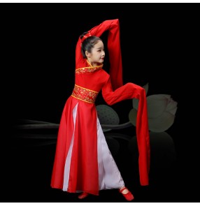 Children girls Red waterfall sleeve chinese folk dance dresses Jinghong classical dance elegant Hanfu kids fairy umbrella yangko fan dance costumes for girl