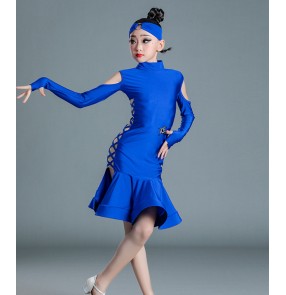 Children Girls royal blue ballroom latin dance dresses long-sleeved professional modern salsa latin dance competition clothes for kids