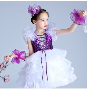 Children girls royal blue yellow purple sequined jazz dance dress church chorus stage performance princess dress for kids cheerleading kindergarten modern dance costumes