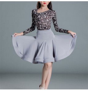Children Girls silver grey leopard printed Latin dance dress ballroom latin performance clothing professional competition dance costumes for girl