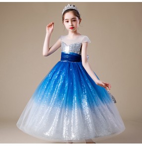 Children girls Silver royal blue jazz dance dress birthday princess dress flower girl wedding party host piano model show performance sequins dresses