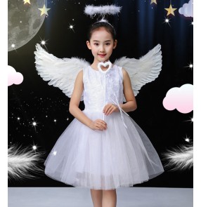 Children girls singer princess fairy with feather wings chorus photos shooting performance dresses little angel performance dress flower girl princess dress