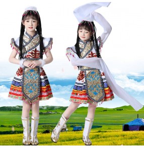 Children Girls Tibetan chinese folk performance costumes school students kindergarten performance wear Mongolian girls catwalk water sleeve ethnic dance clothes