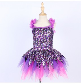 Children Girls toddlers purple sequined jazz ballet dance dress  modern dance leotard  tutu skirt suspenders sequined gauze skirt ballet choreography  stage performance outfits for Baby